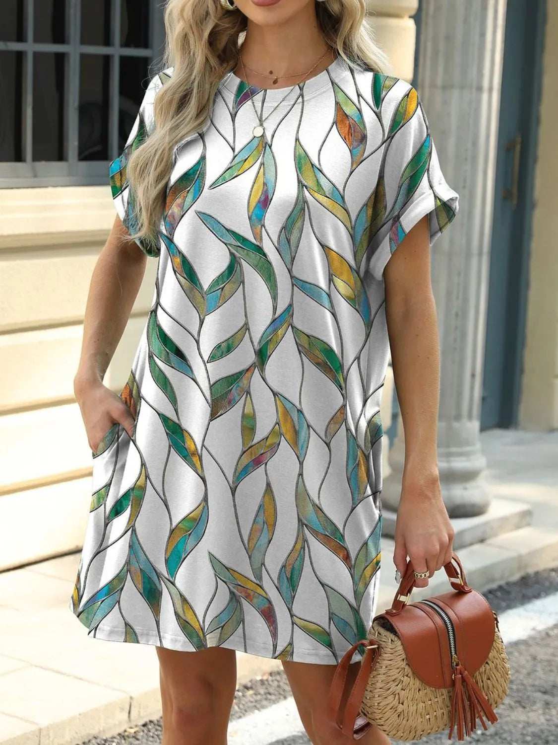 Printed Round Neck Short Sleeve Mini Dress - Trendsi - Flyclothing LLC