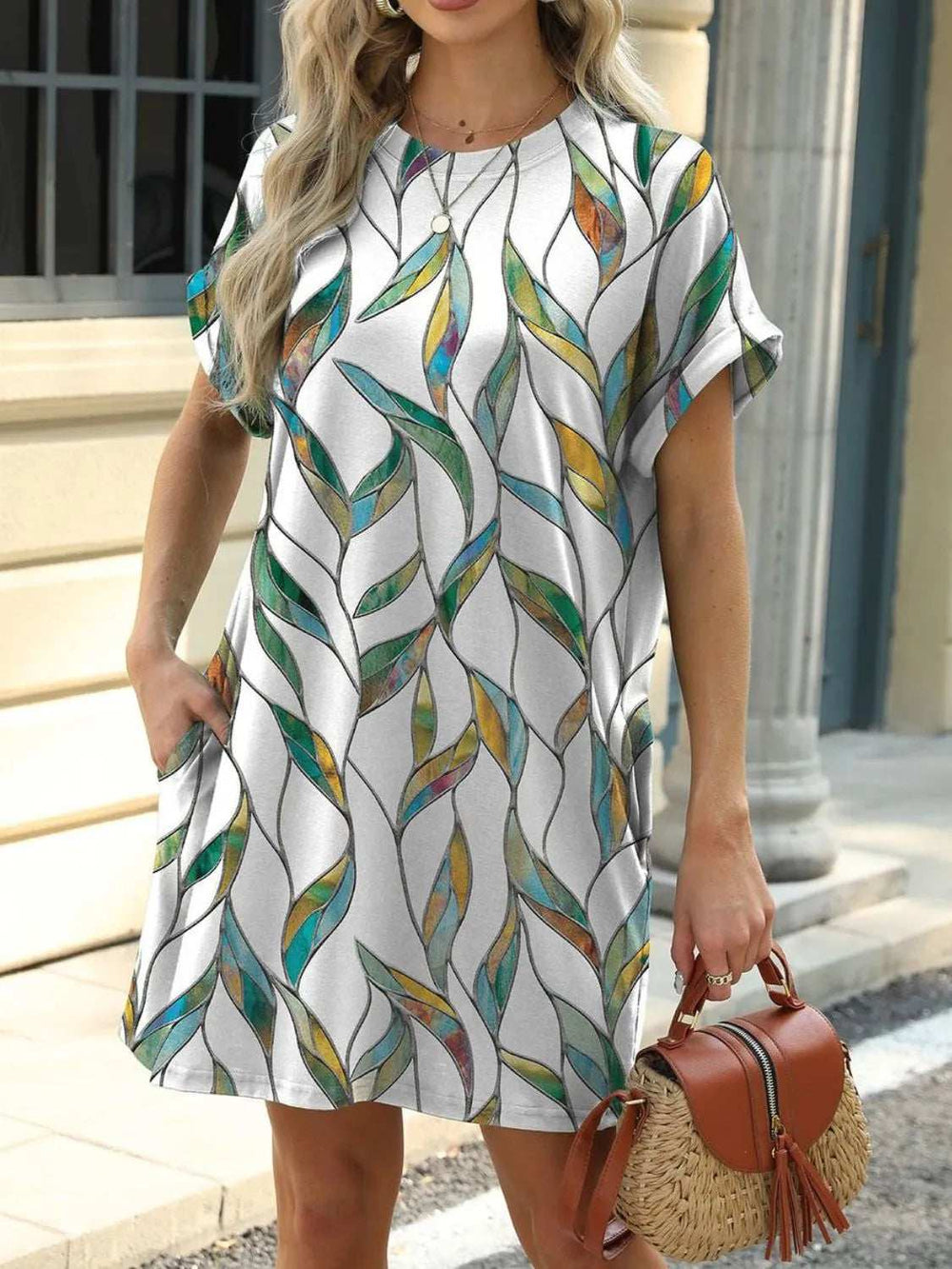 Printed Round Neck Short Sleeve Mini Dress - Trendsi - Flyclothing LLC