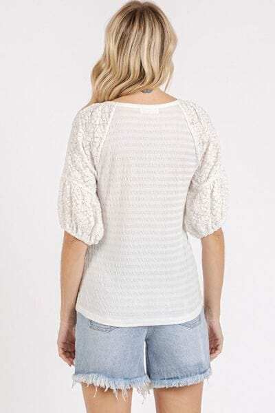 Mittoshop Mixed Media Textured Knit Popcorn Puff Sleeve Blouse - Trendsi - Flyclothing LLC