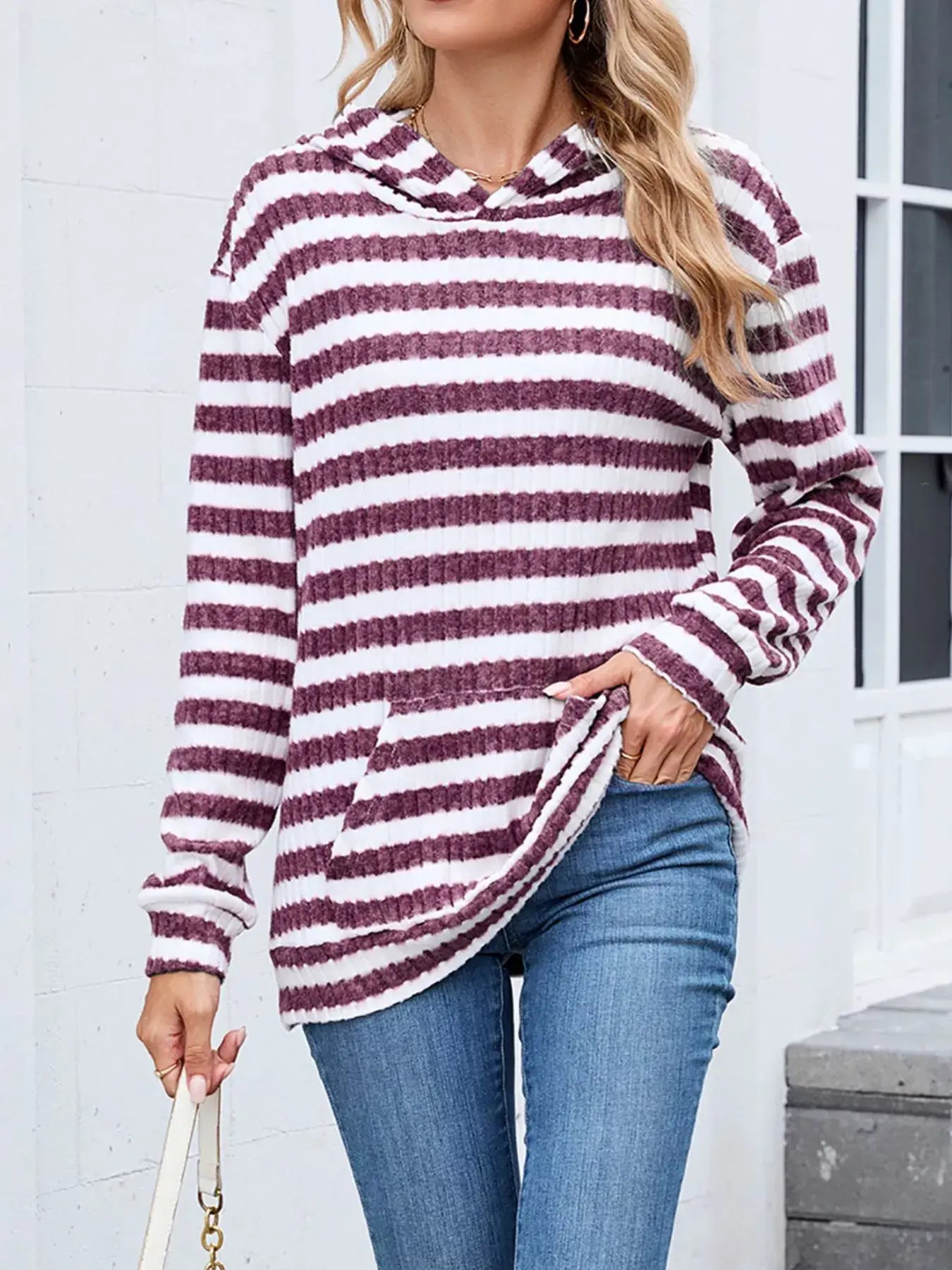 Striped Dropped Shoulder Hoodie - Trendsi - Flyclothing LLC