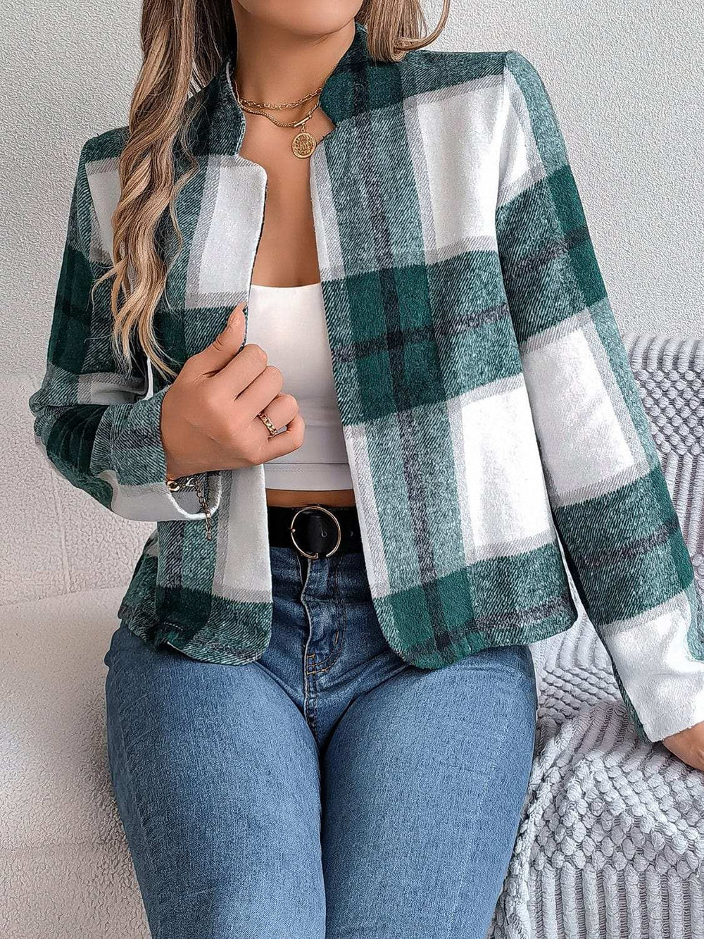Plaid Open Front Long Sleeve Jacket - Trendsi - Flyclothing LLC