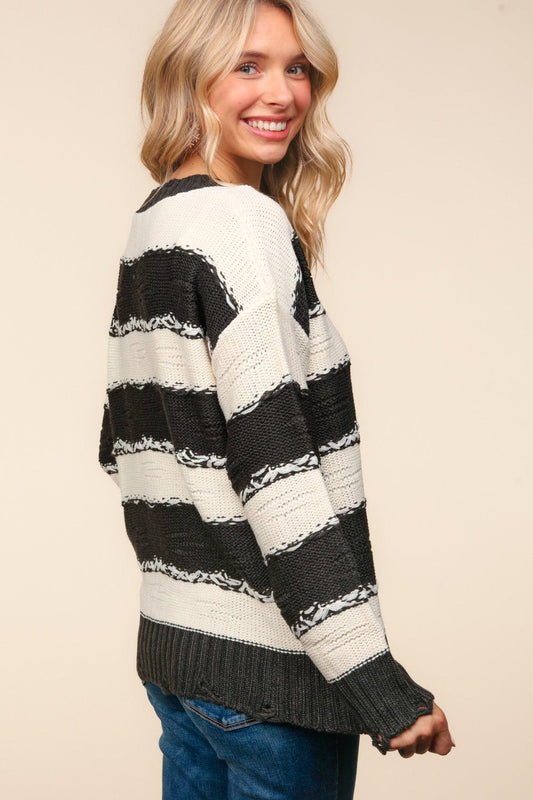 Haptics Striped Contrast Distressed Sweater - Trendsi
