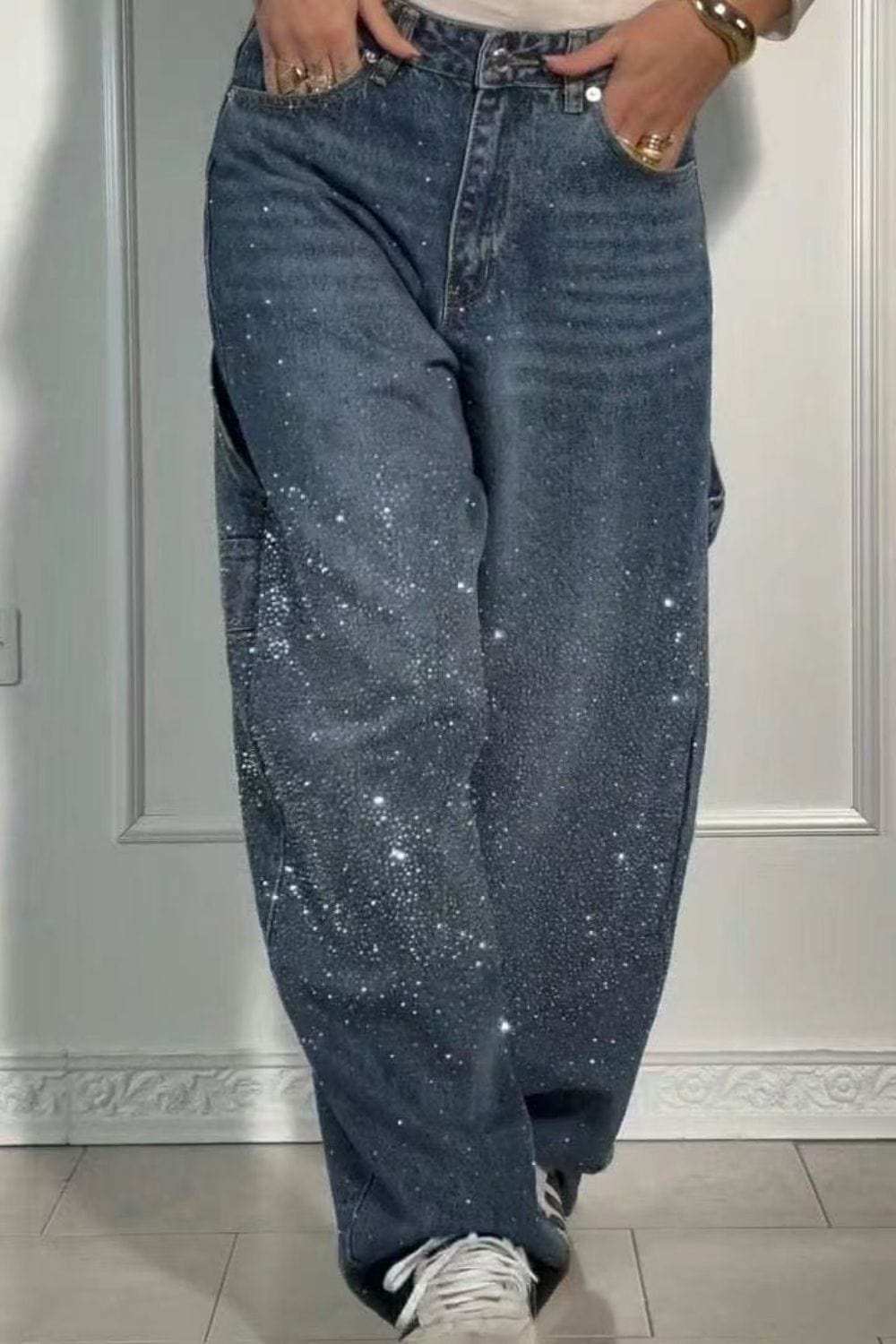 Full Size Washed Rhinestone Detail Wide leg Jeans Plus Size - Trendsi - Flyclothing LLC