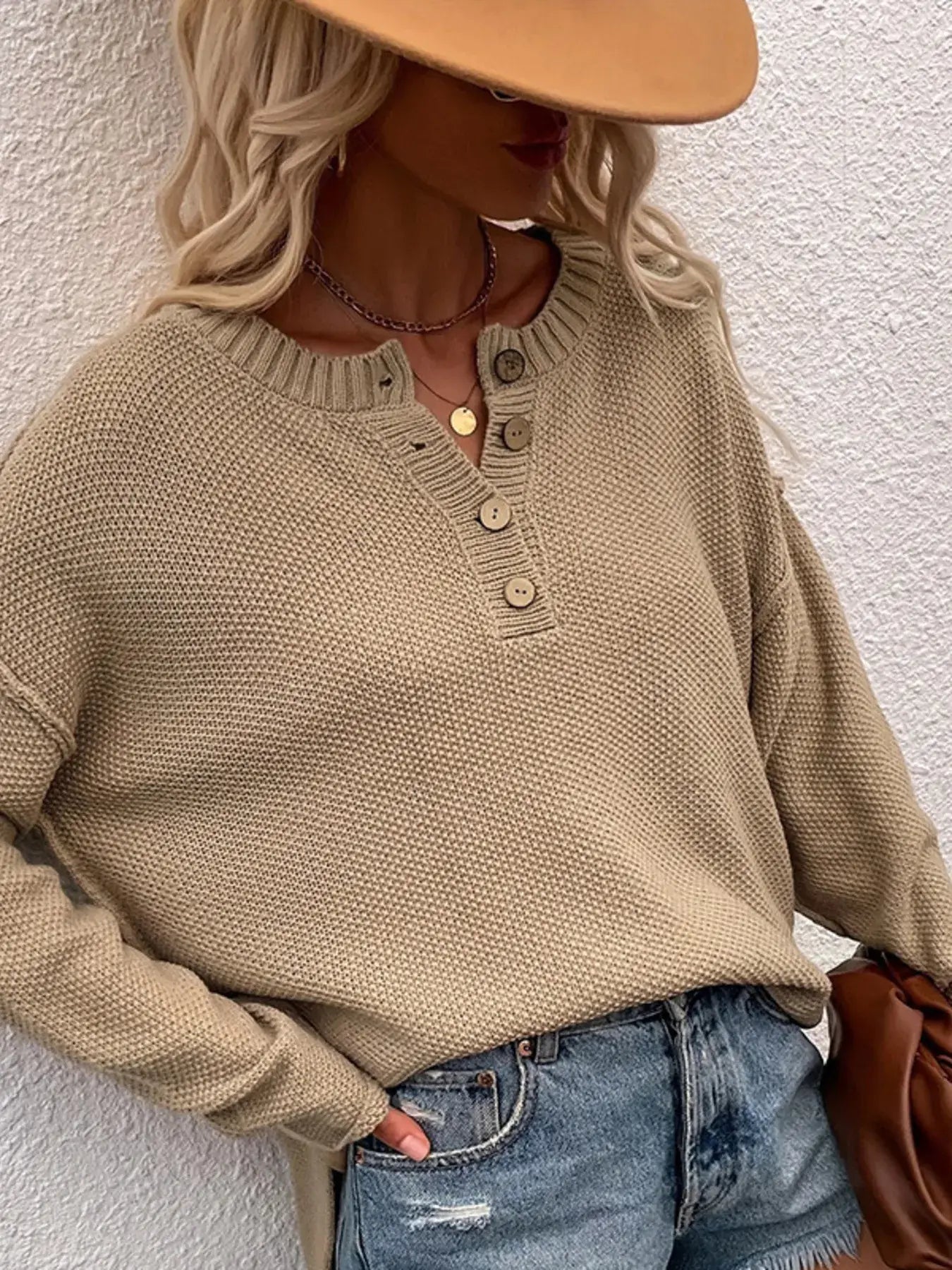 Button Detail Long Sleeve Knit Top - Trendsi - Flyclothing LLC