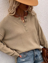 Button Detail Long Sleeve Knit Top - Trendsi - Flyclothing LLC