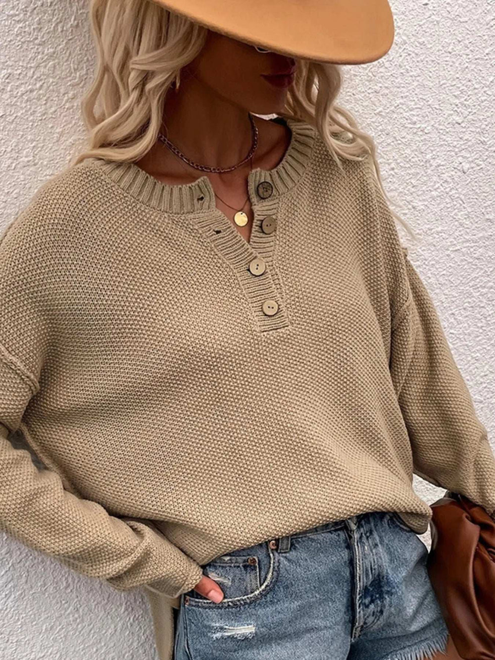 Button Detail Long Sleeve Knit Top - Trendsi - Flyclothing LLC