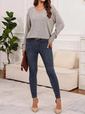 Ribbed V-Neck Long Sleeve T-Shirt - Trendsi