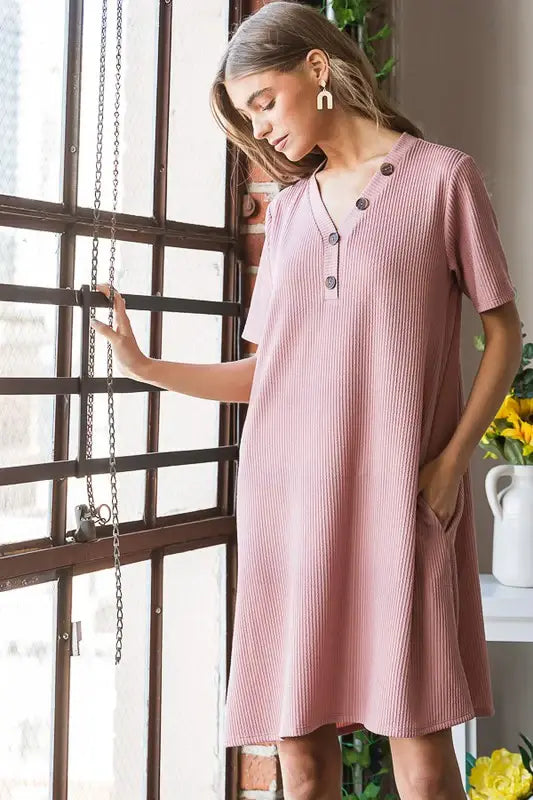 Heimish Full Size Solid Ribbed Mini Dress with Button Plus Size - Trendsi - Flyclothing LLC