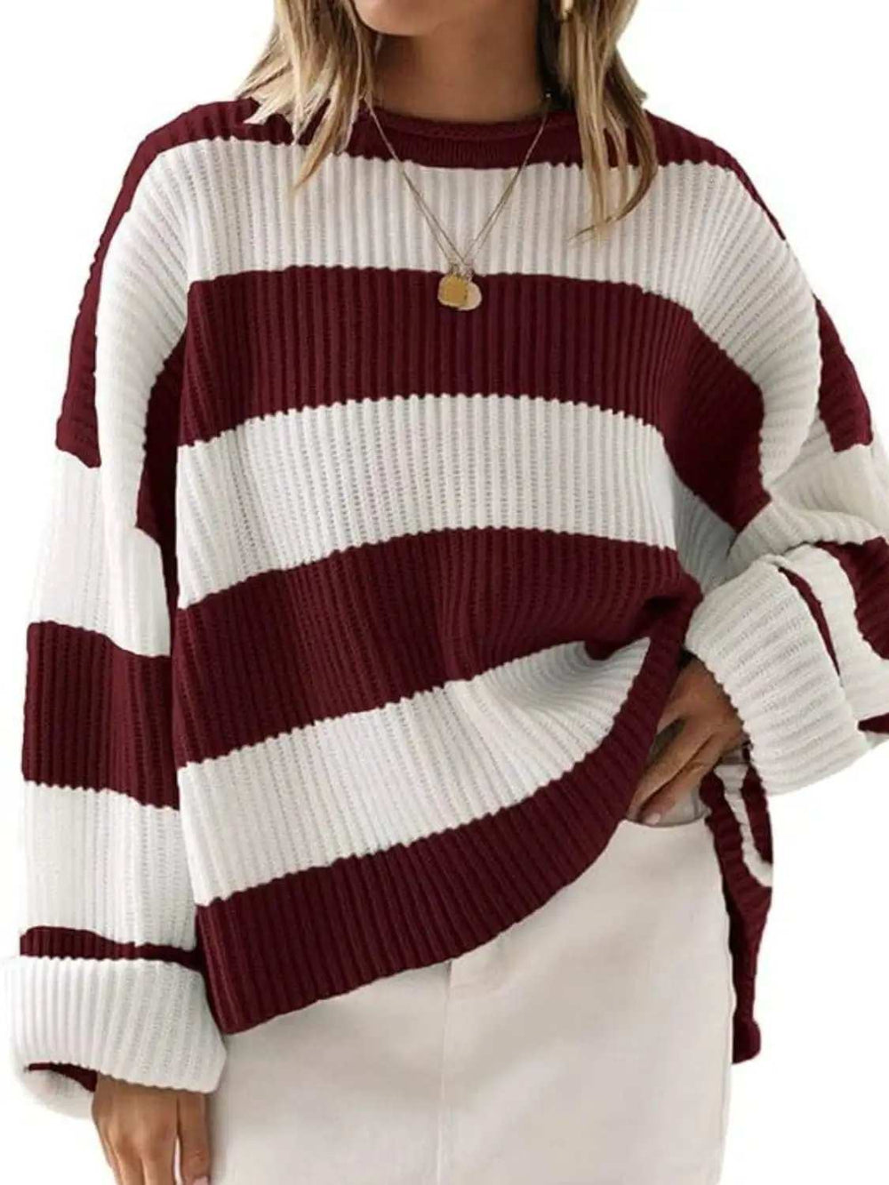 Round Neck Long Sleeve Sweater - Trendsi - Flyclothing LLC