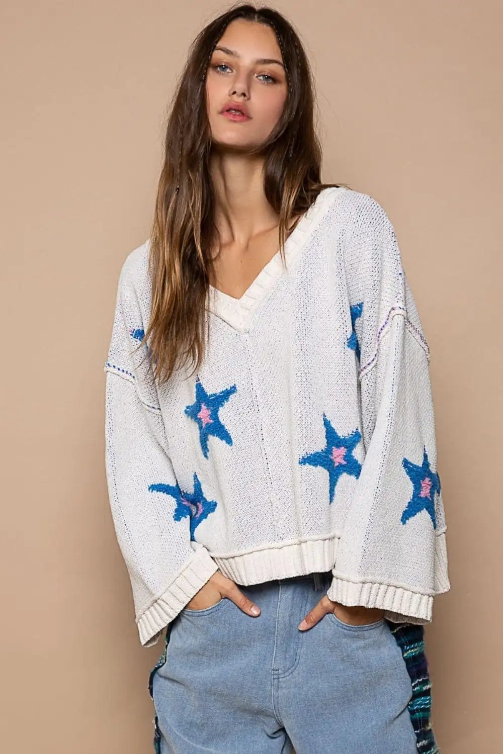 POL Long Sleeve Star Patch Sweater - Trendsi