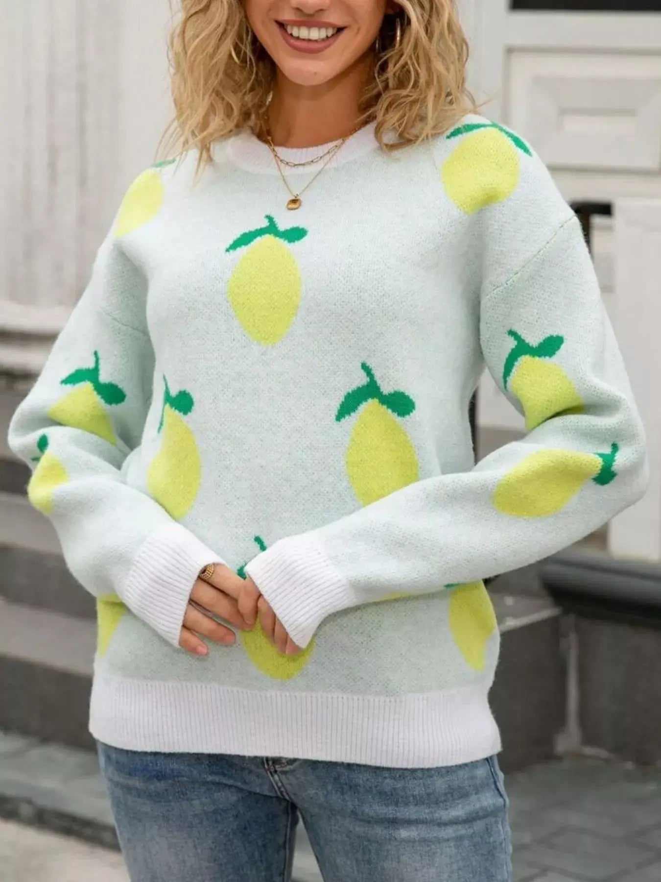 Lemon Crew Neck Round Neck Sweater - Trendsi - Flyclothing LLC