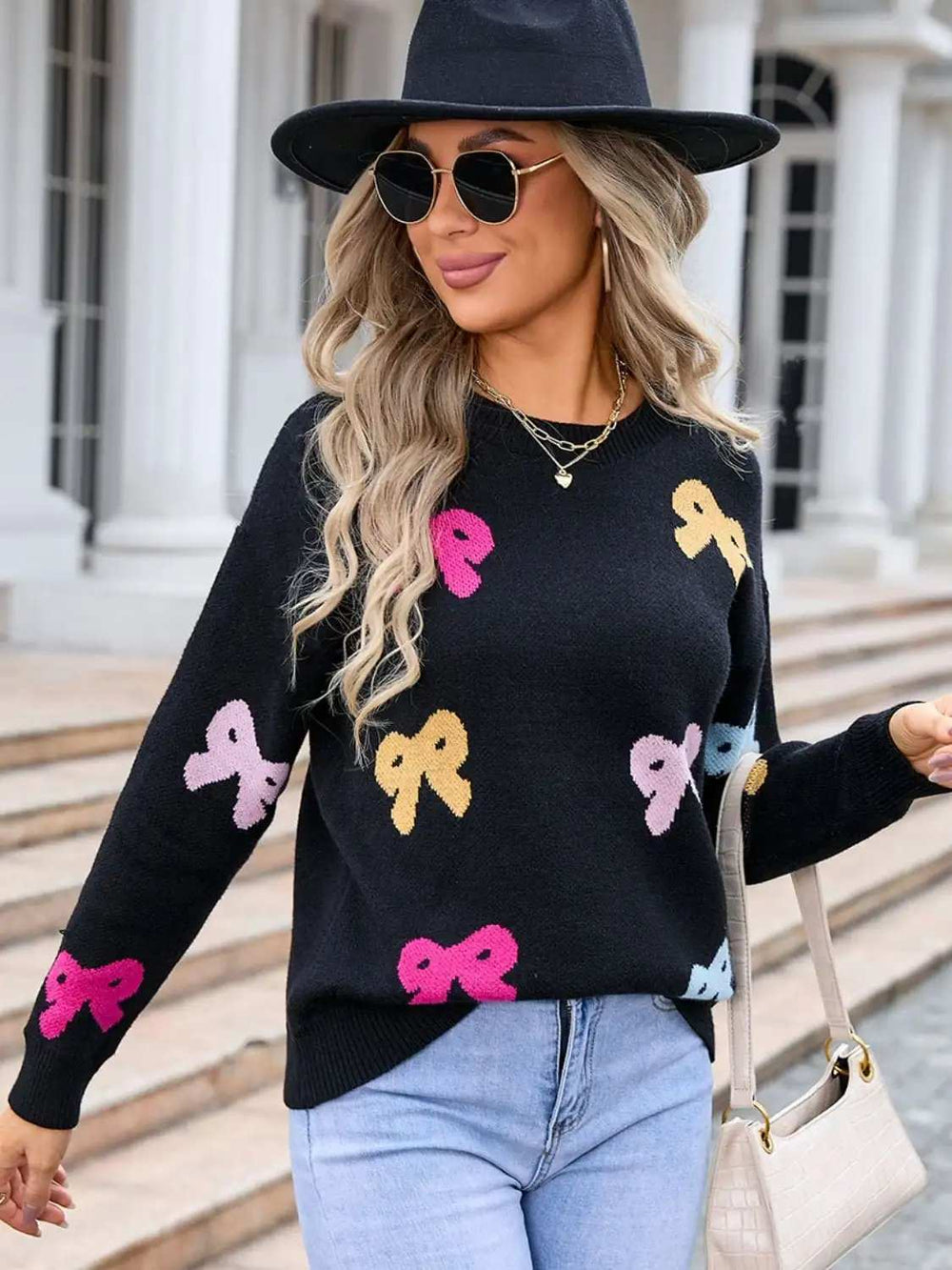 Bow Graphic Round Neck Long Sleeve Sweater - Trendsi - Flyclothing LLC