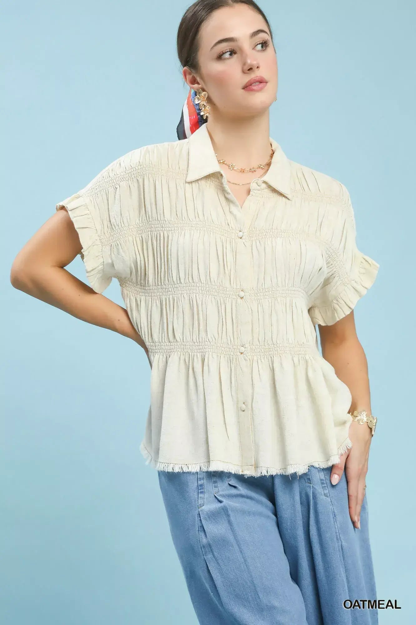 Umgee Washed Linen Blend Smocked Shirt - Trendsi - Flyclothing LLC