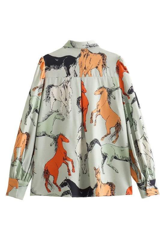 Off To The Races Horse Print Blouse - Mint - Lil Bee's Bohemian - Flyclothing LLC