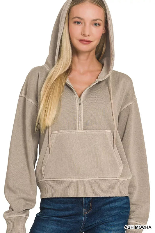 Zenana Fleece Pigment Dye Half Zip Kangaroo Pocket Hoodie - Trendsi - Flyclothing LLC
