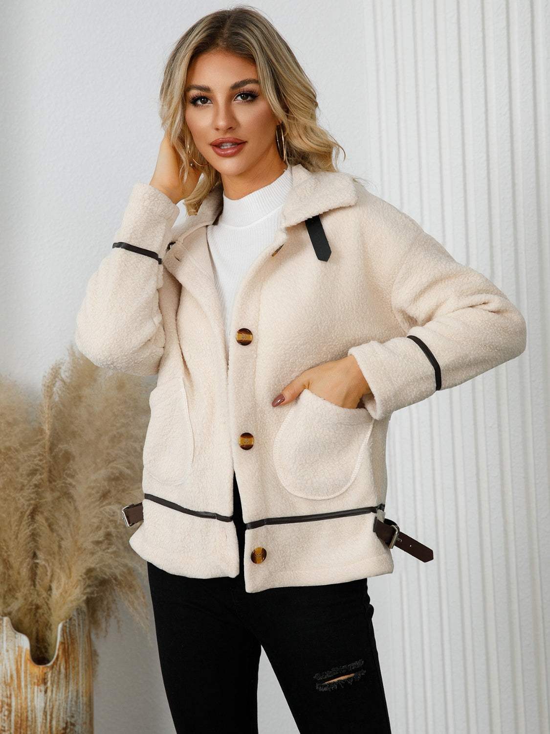 Pocketed Button Down Collared Neck Jacket - Trendsi - Flyclothing LLC