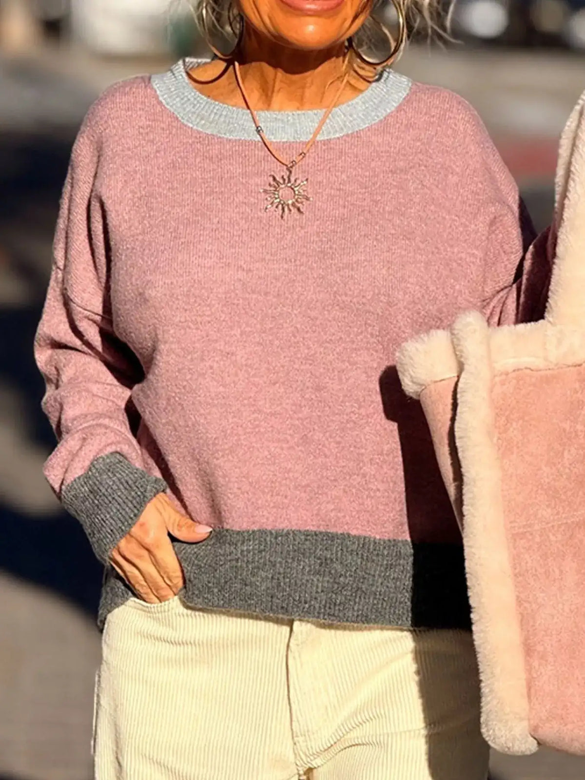 Contrast Trim Crew Neck Sweater - Trendsi - Flyclothing LLC