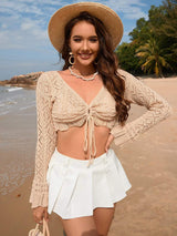 Drawstring Openwork Long Sleeve Cover-Up - Trendsi - Flyclothing LLC