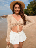 Drawstring Openwork Long Sleeve Cover-Up - Trendsi