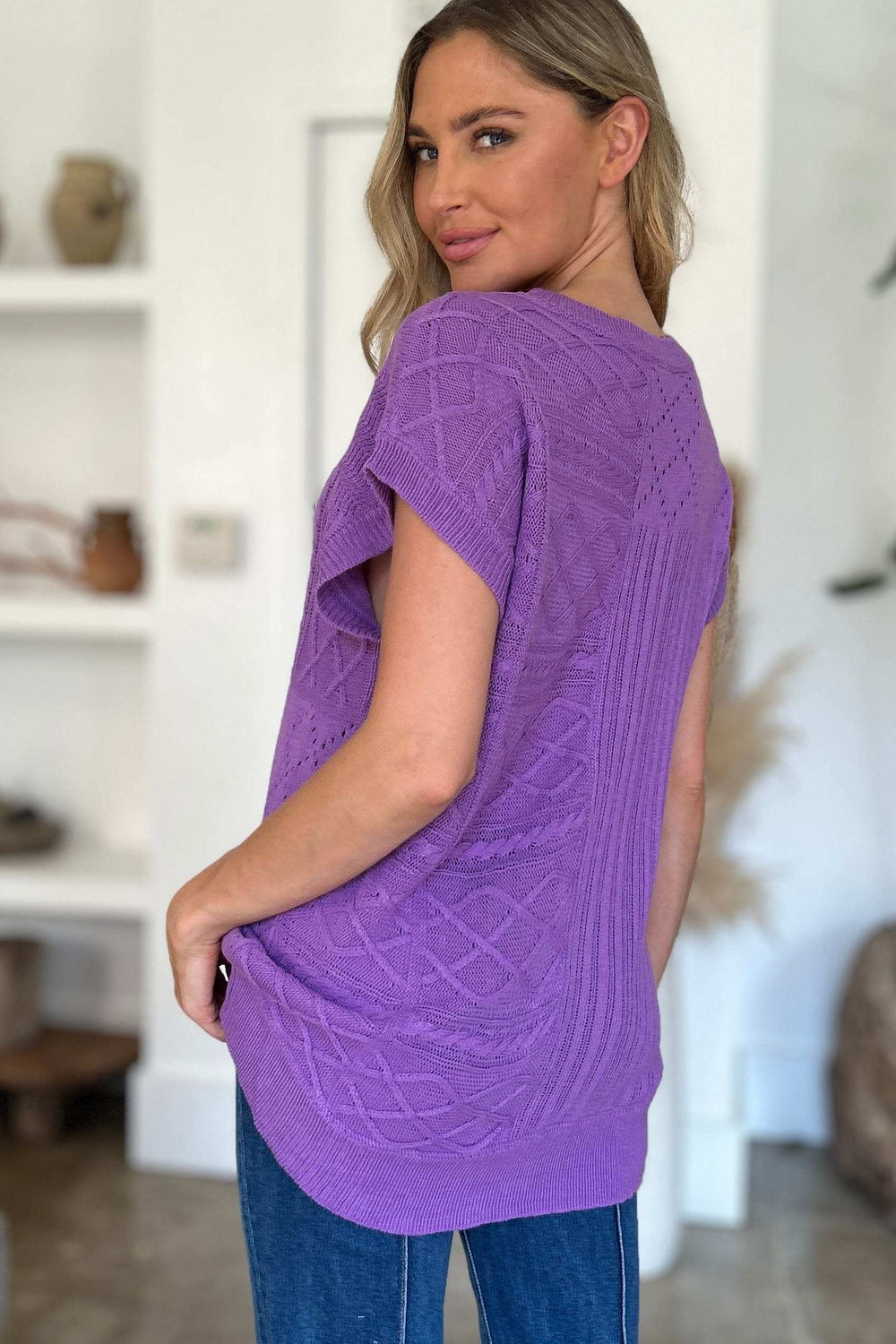 Double Take Full Size Cable-Knit Round Neck Cap Sleeve Sweater - Trendsi - Flyclothing LLC