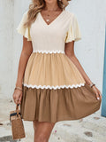 Color Block V-Neck Flutter Sleeve Mini Dress - Trendsi