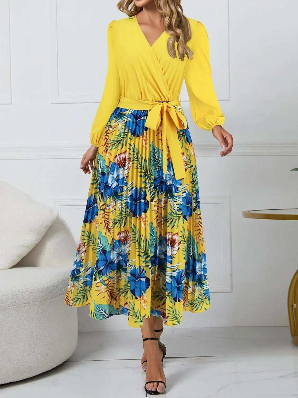 Pleated Printed Surplice Long Sleeve Dress - Trendsi - Flyclothing LLC