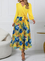 Pleated Printed Surplice Long Sleeve Dress - Trendsi