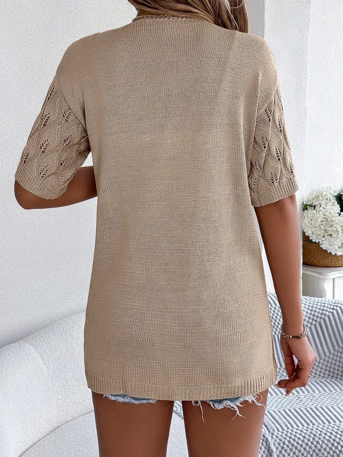 Openwork Open Front Short Sleeve Cardigan - Trendsi