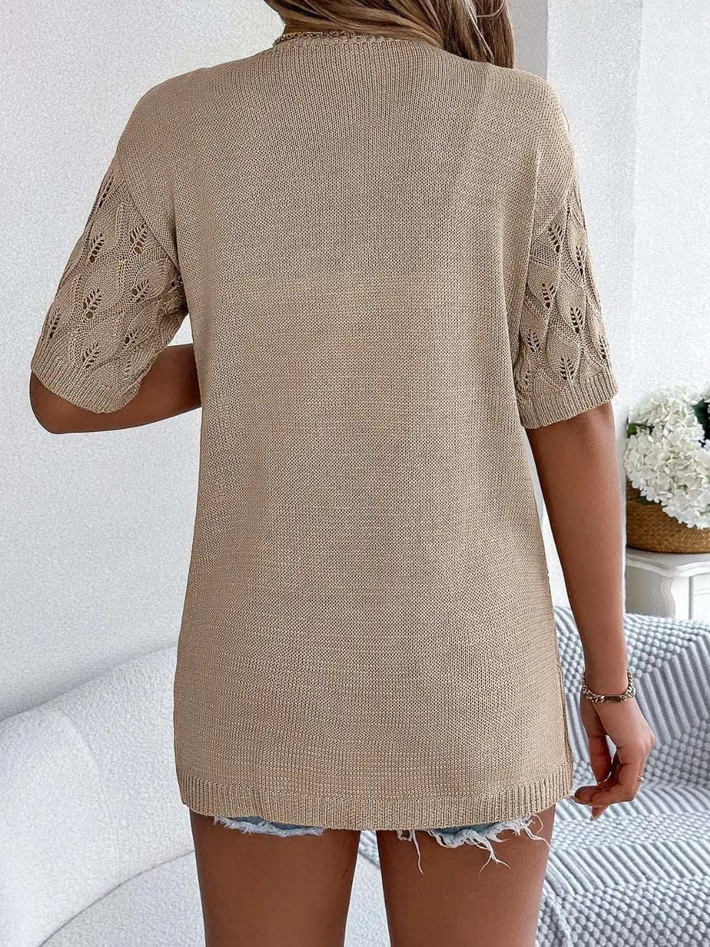Openwork Open Front Short Sleeve Cardigan - Trendsi - Flyclothing LLC