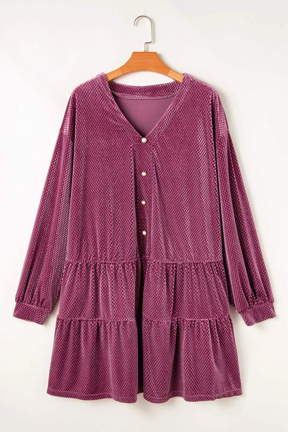 Plus Size Textured Velvet Decorative Button Long Sleeve Dress - Trendsi - Flyclothing LLC