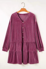 Plus Size Textured Velvet Decorative Button Long Sleeve Dress - Trendsi - Flyclothing LLC