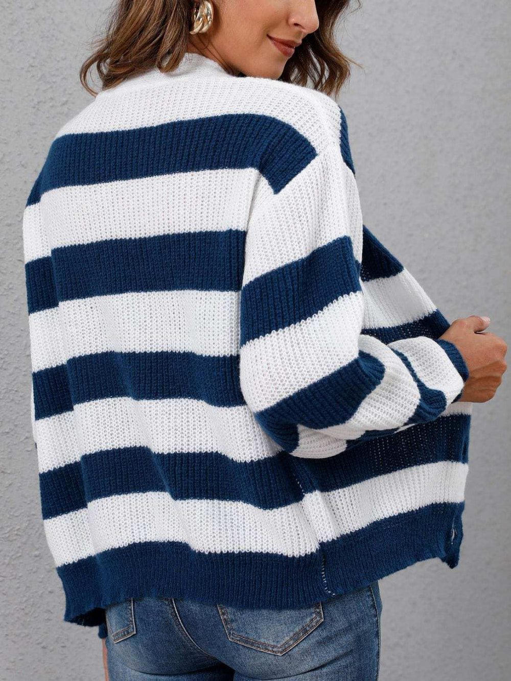 Striped Button Up Long Sleeve Sweater - Trendsi - Flyclothing LLC