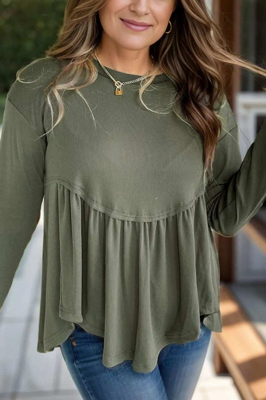 Plus Size Peplum Round Neck Long Sleeve Blouse - Trendsi - Flyclothing LLC