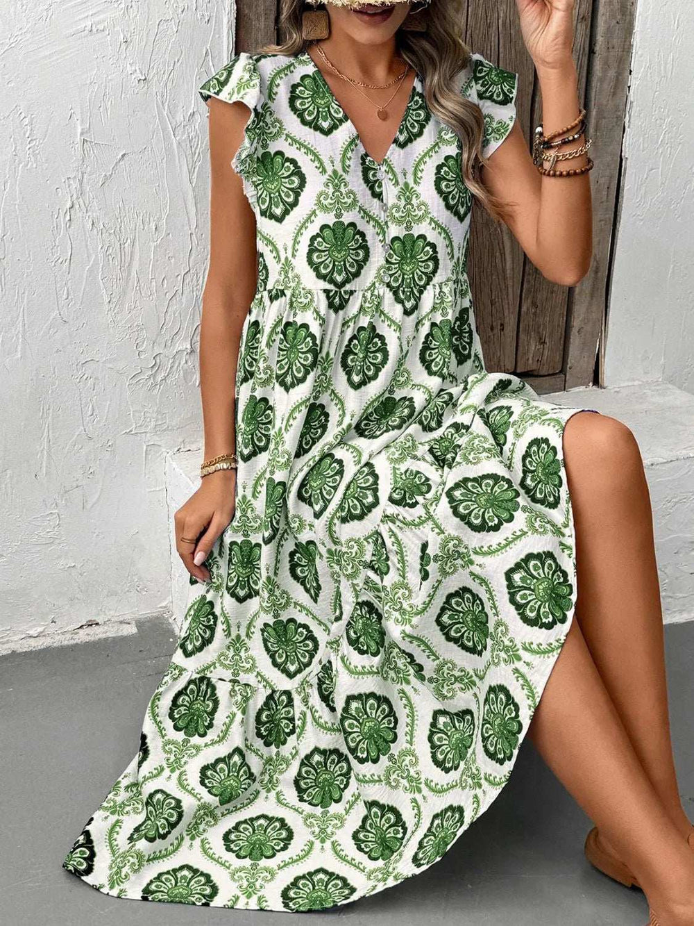 Ruffled Printed V-Neck Cap Sleeve Dress - Trendsi - Flyclothing LLC