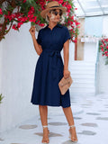 Buttoned Tie Waist Short Sleeve Dress - Trendsi - Flyclothing LLC
