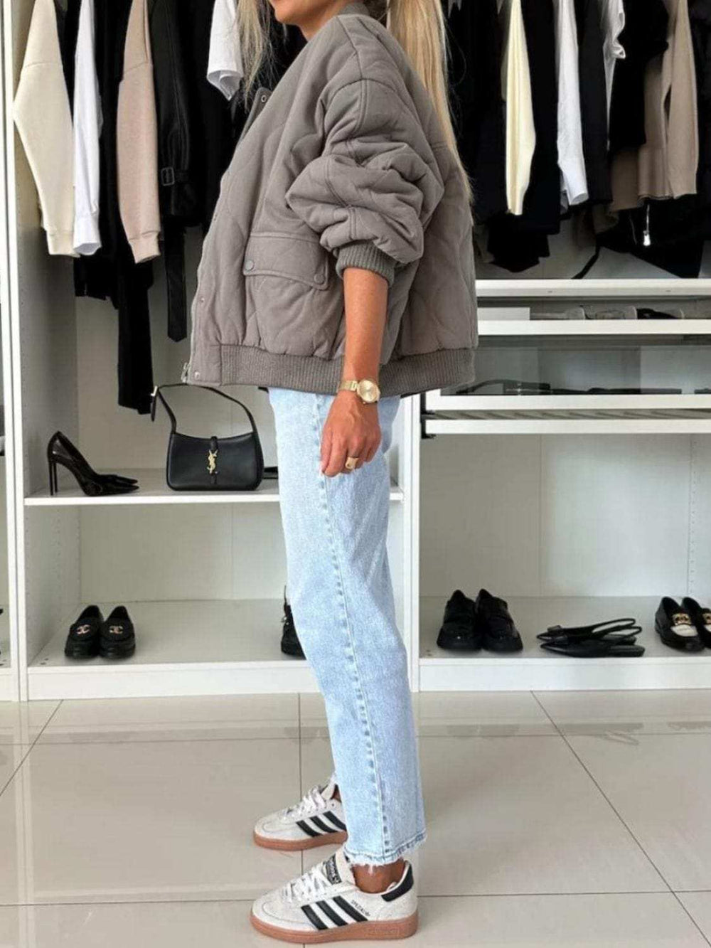 Baseball Collar Snap Down Long Sleeve Jacket - Trendsi - Flyclothing LLC