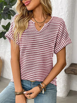 Striped Notched Short Sleeve T-Shirt - Trendsi - Flyclothing LLC