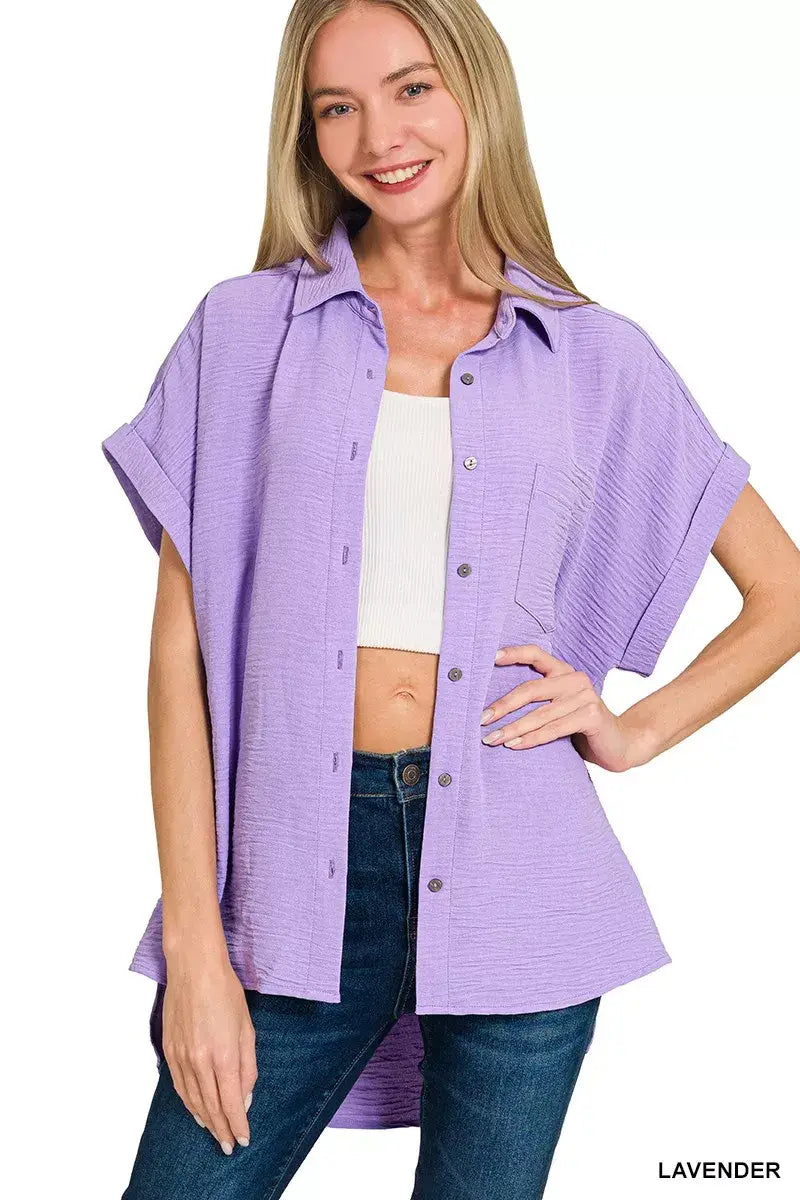 Zenana Woven Airflow Button Down Shirt - Trendsi - Flyclothing LLC