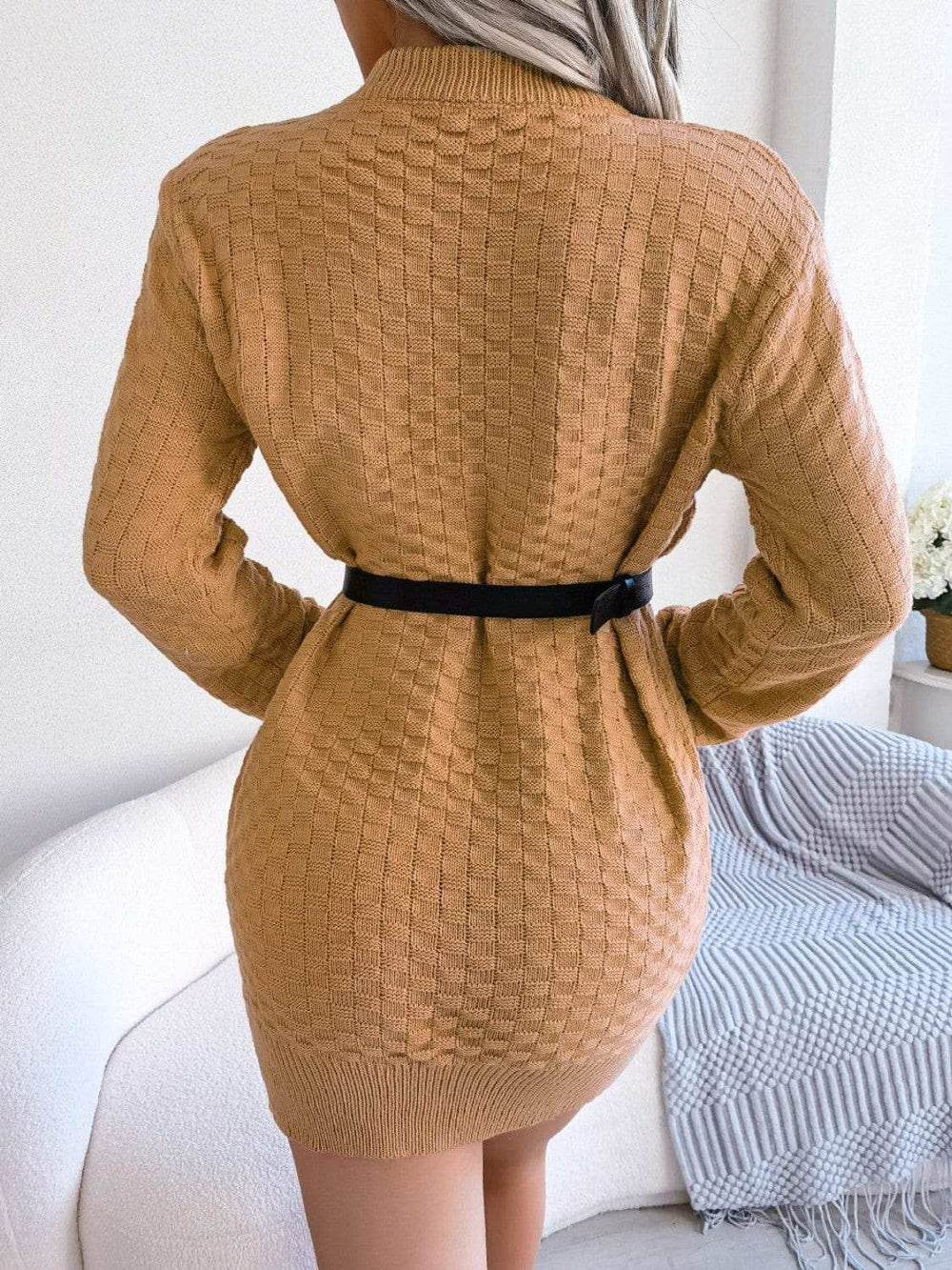 Round Neck Long Sleeve Mini Sweater Dress - Trendsi - Flyclothing LLC