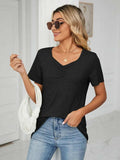 Ruched V-Neck Short Sleeve T-Shirt - Trendsi - Flyclothing LLC