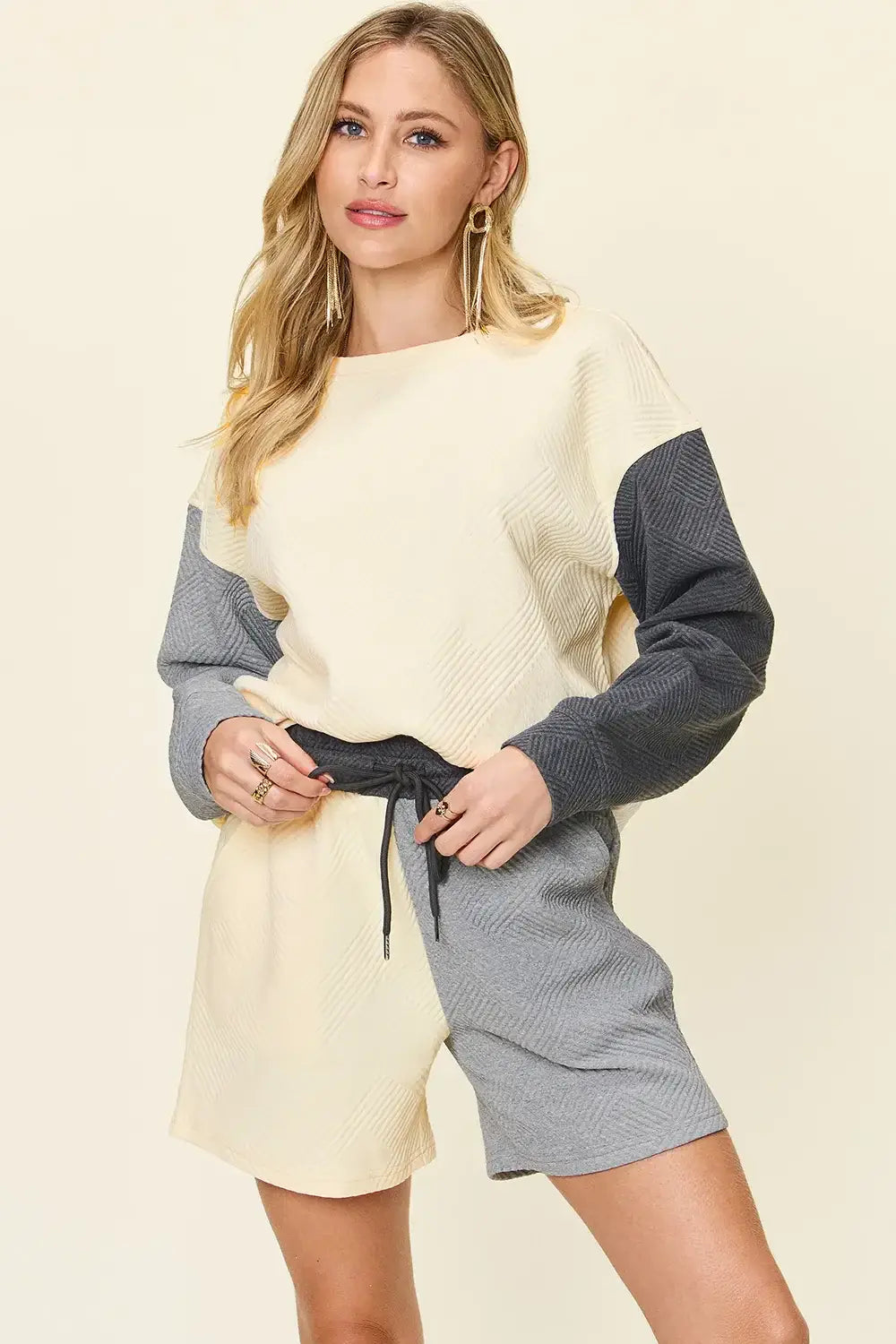 Double Take Full Size Contrast Drop Shoulder Top and Shorts Set - Trendsi - Flyclothing LLC
