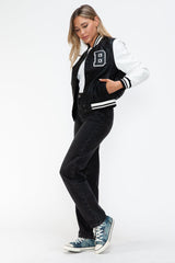 Love Me Now PU Leather Contrast Snap Down Bomber Jacket - Trendsi