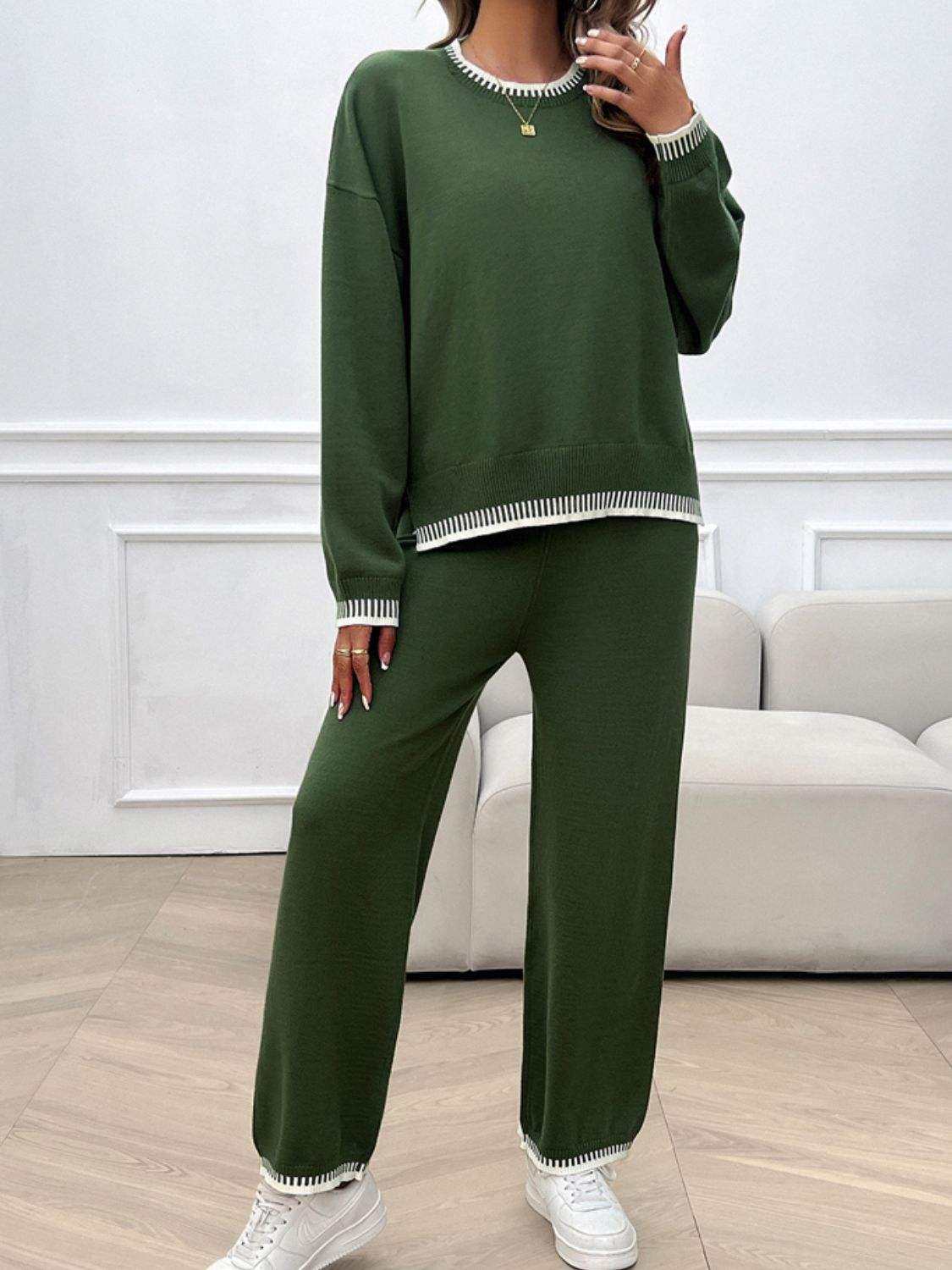 Round Neck Dropped Shoulder Top and Pants Sweater Set - Trendsi - Flyclothing LLC