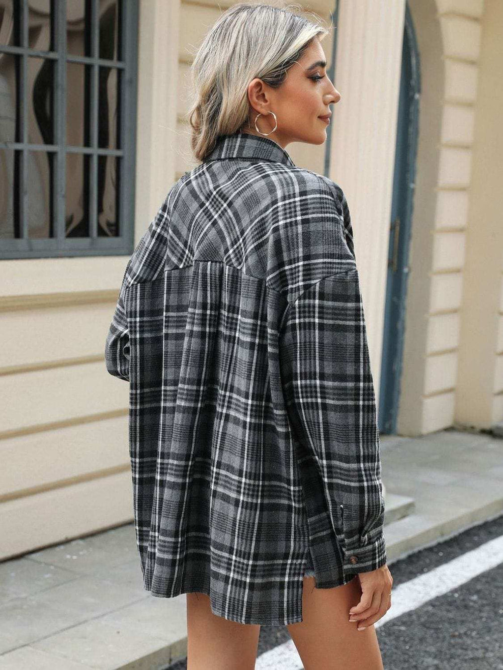 Pocketed Plaid Collared Neck Long Sleeve Shirt - Trendsi - Flyclothing LLC