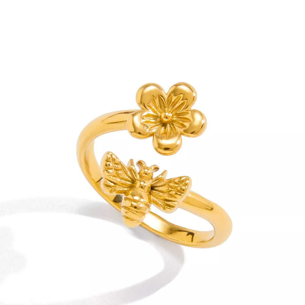 18K Gold-Plated Flower Bee Open Ring - Trendsi - Flyclothing LLC