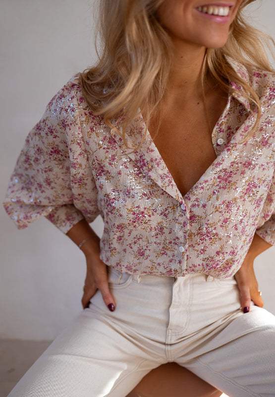 Printed Collared Neck Long Sleeve Shirt - Trendsi - Flyclothing LLC
