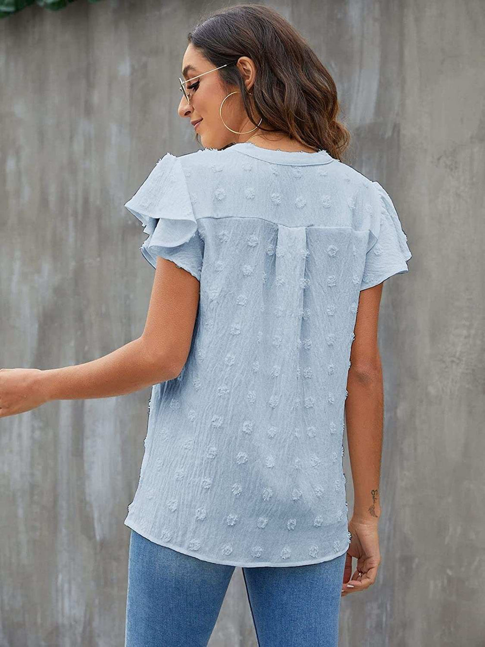 Swiss Dot Notched Flutter Sleeve Blouse - Trendsi - Flyclothing LLC