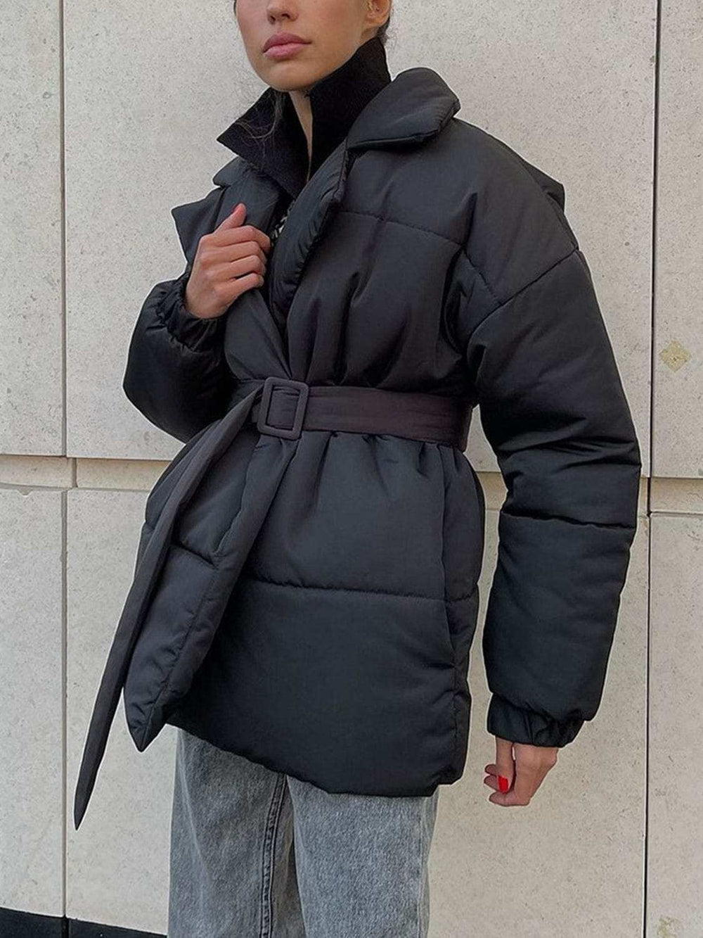 Puffer Long Sleeve Winter Coat with Belt - Trendsi - Flyclothing LLC