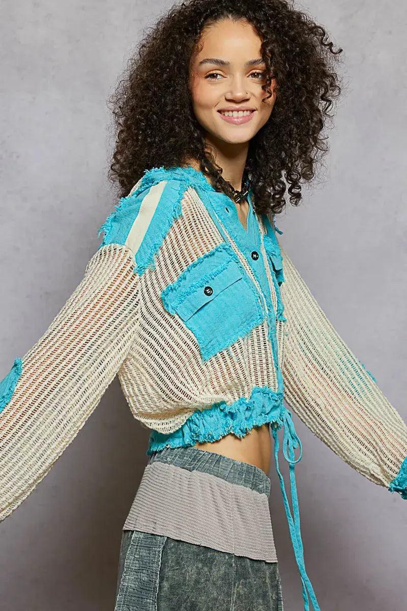 POL Texture Woven Button Down Hooded Shirt with Drawstring Hem - Trendsi - Flyclothing LLC