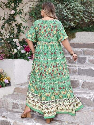 Plus Size Floral Tie Neck Flutter Sleeve Maxi Dress - Trendsi - Flyclothing LLC